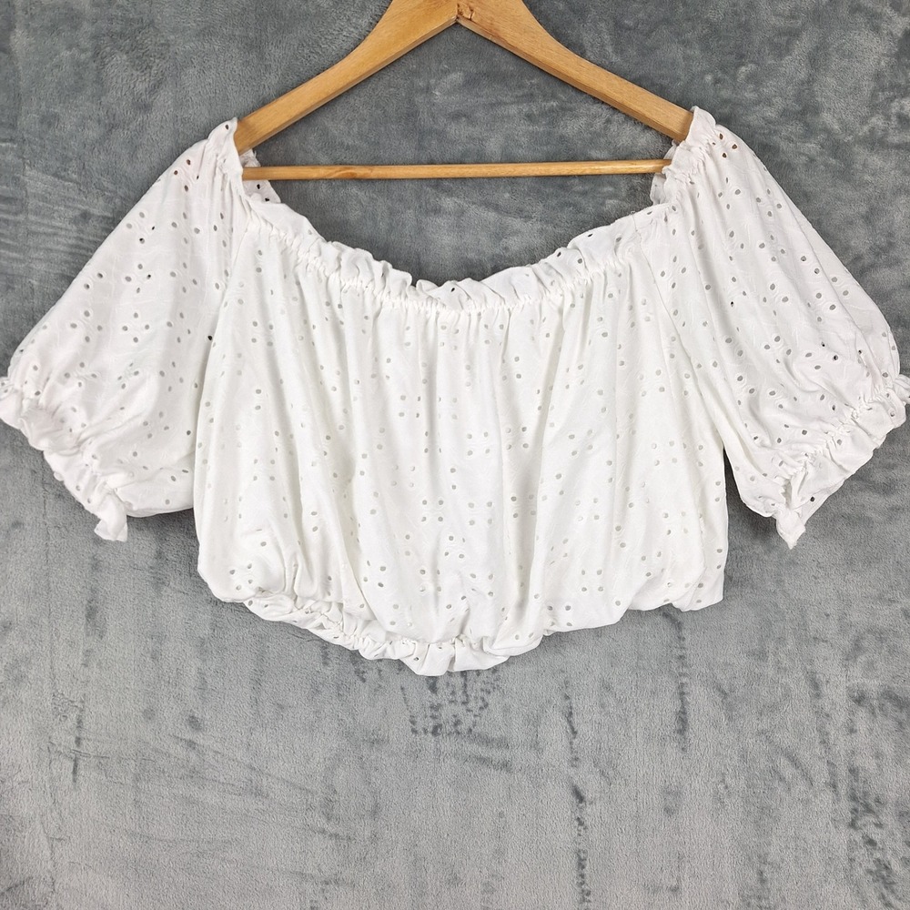 Womens Top XL White Cottagecore Eyelet Cropped Romantic Off Shoulder‎ Milkmaid